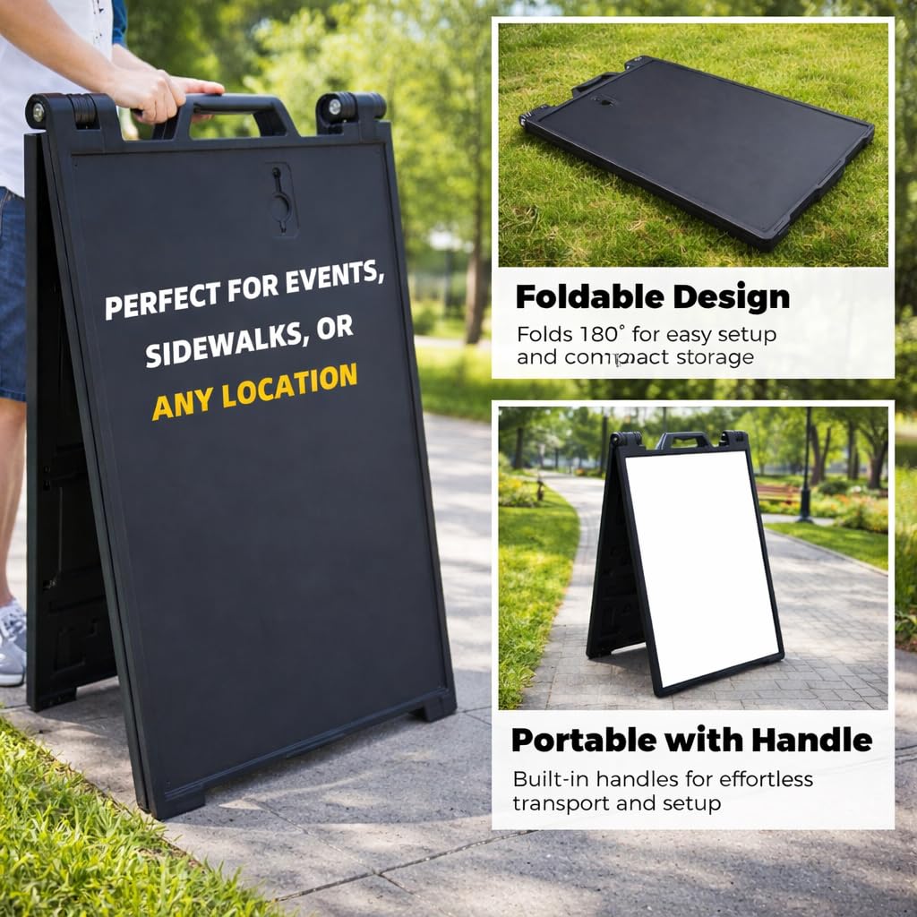 Cartel publicitario plegable de 61 x 91 cm con base rellenable de agua, doble cara, resistente a la intemperie, para restaurante, cafetería, promociones y eventos, negro