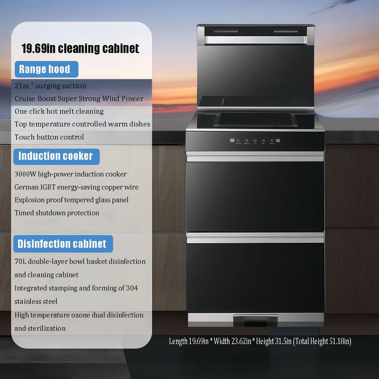 3-in-1 Integrated Kitchen System with Range Hood, Induction Cooktop, Disinfection Cabinet, 19.69x23.62x51.18 in, 3000W, Touch Control, 70L Capacity