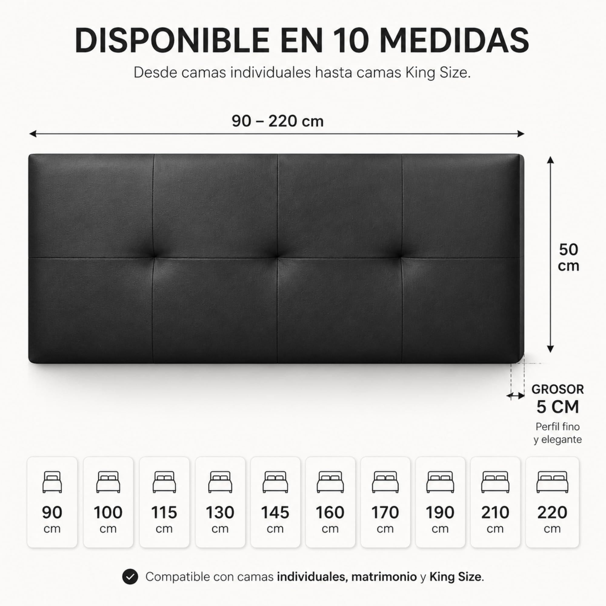FISIO Dreams Cabecero Polipiel Caribe 3 para Cama 90, 105, 135, 150, 160, 180 y 200 cm | Cabezal Tapizado Moderno y Acolchado | Fabricado en España | Fácil Instalación