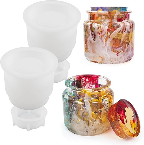 Wehous Juego de 2 moldes de resina para frascos con tapas, caja de almacenamiento de silicona para joyero, portavelas, contenedor de caramelos,
