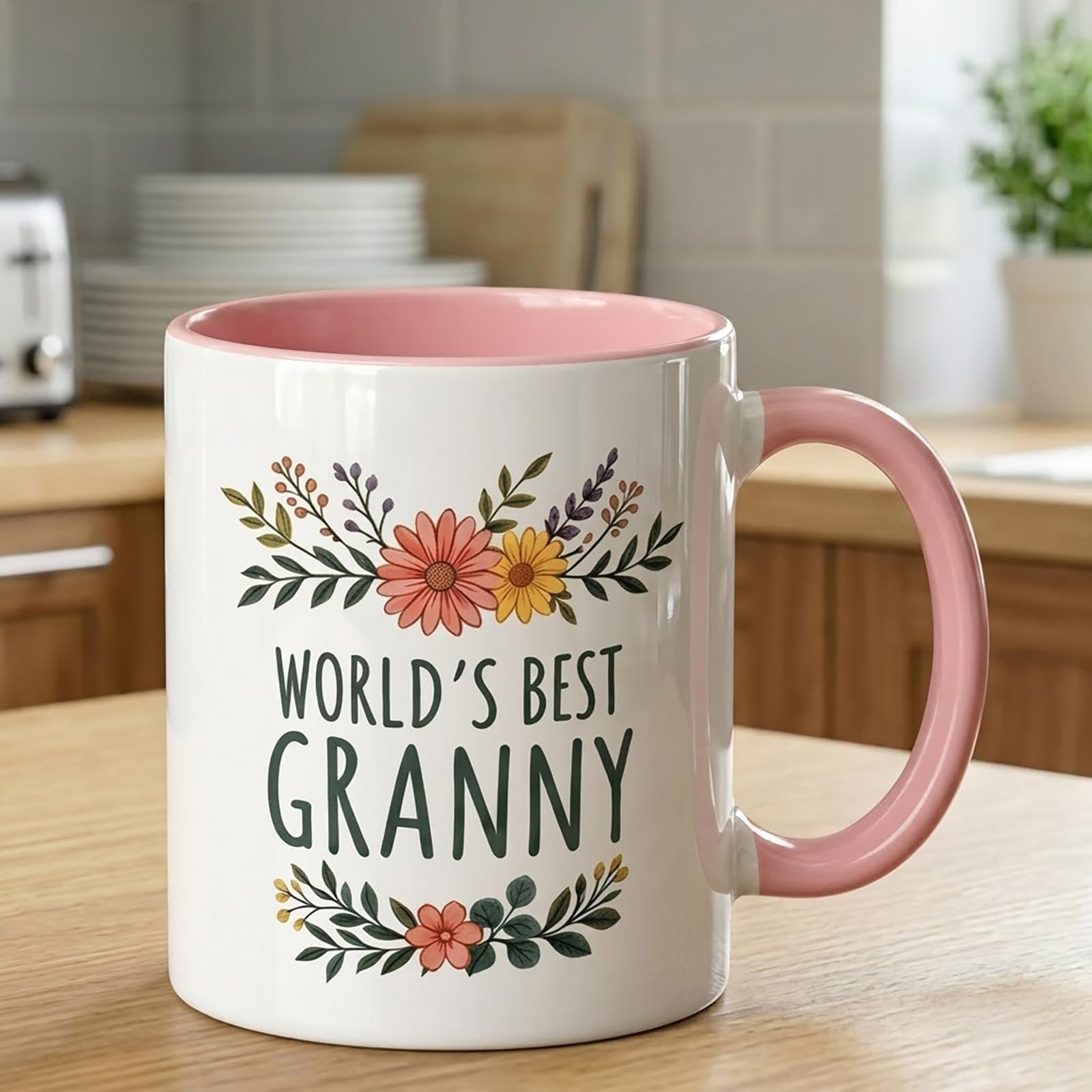 Azrra World's Best Granny Coffee Mug - Pink Floral 11oz Ceramic Coffee Cup, 70th Birthday Gifts for Women, Grandma Birthday Gifts from Granddaughter Grandson, Mothers Day Presents for Nana Nanny Gran