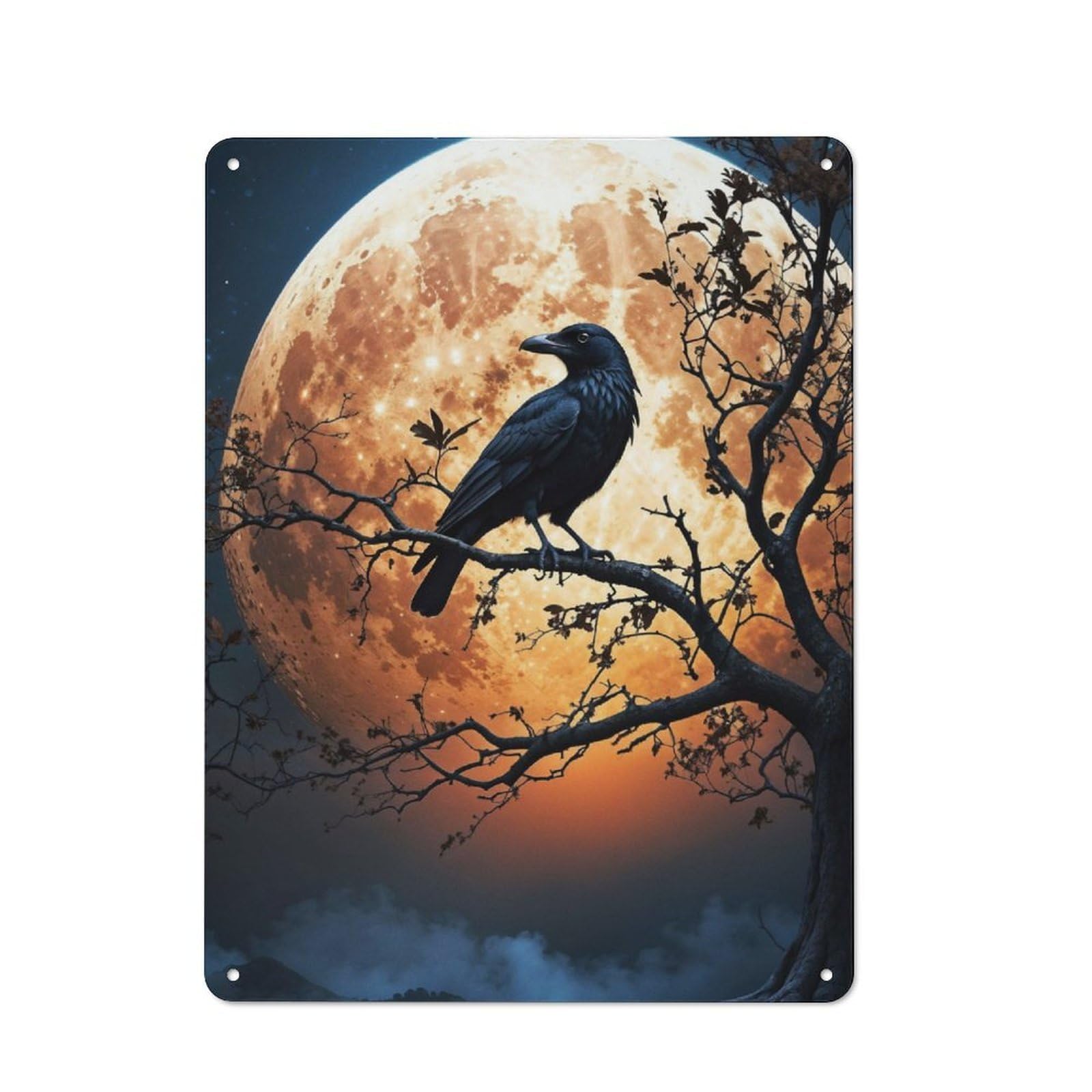 Junmoney Crow Gazes At The Moon Rustic Metal Sign 40X30cm Featuring For Hallway Wall, For Collectors Decorating Hallways And Entrance Areas