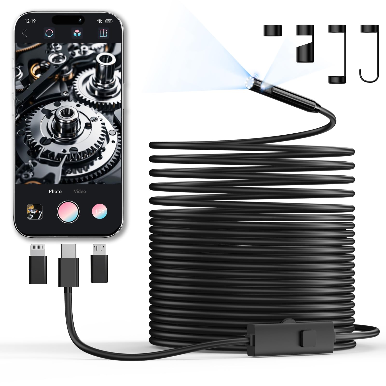 Telecamera endoscopica con luce, 1920P HD, periscopio con 8 LED regolabili, IP67, impermeabile, cavo a serpente semirigido per Android, iPhone e iPad (10 m, doppia lente)
