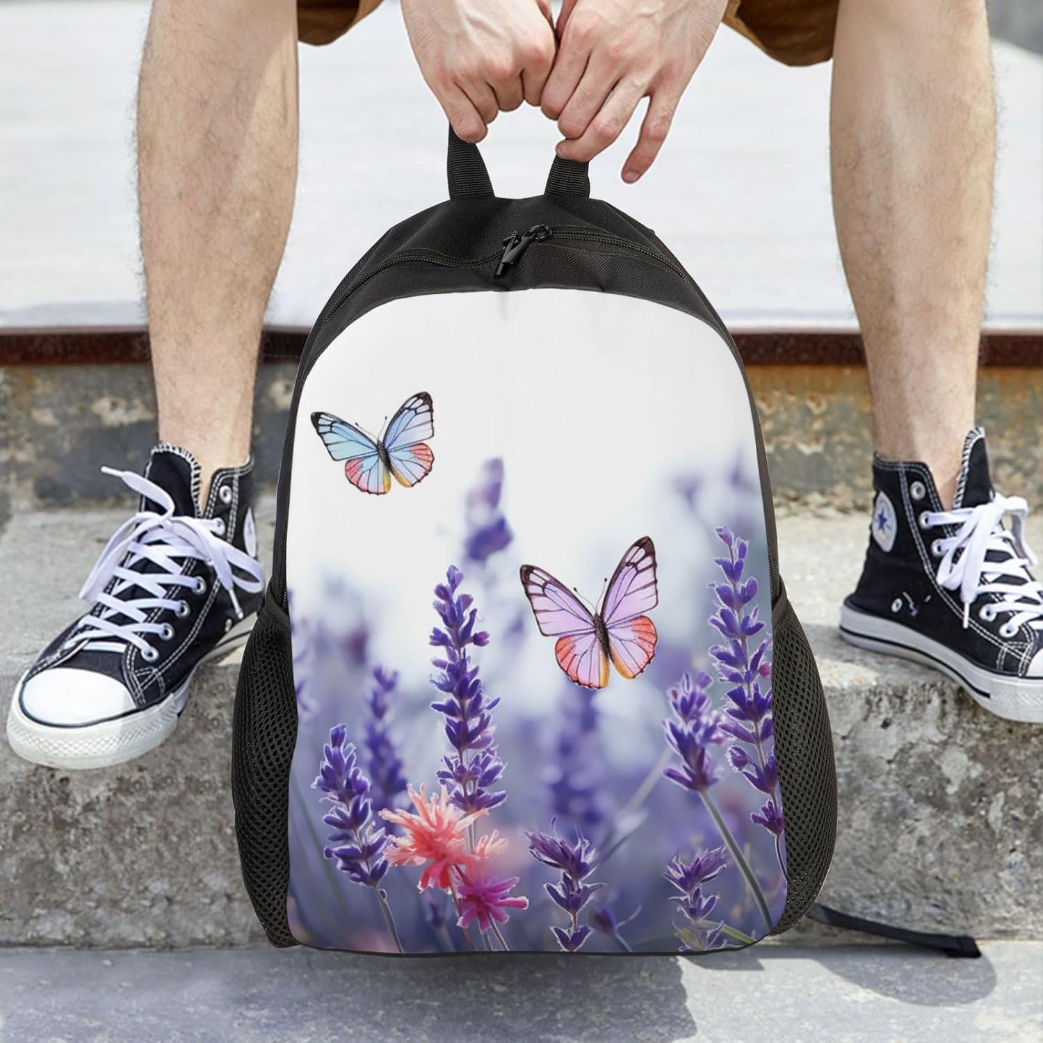 OUSIKA ラベンダーフラワー背景 蝶 バックパック カジュアル 旅行 デイパック 軽量 ラップトップバッグ ラップトップ バック