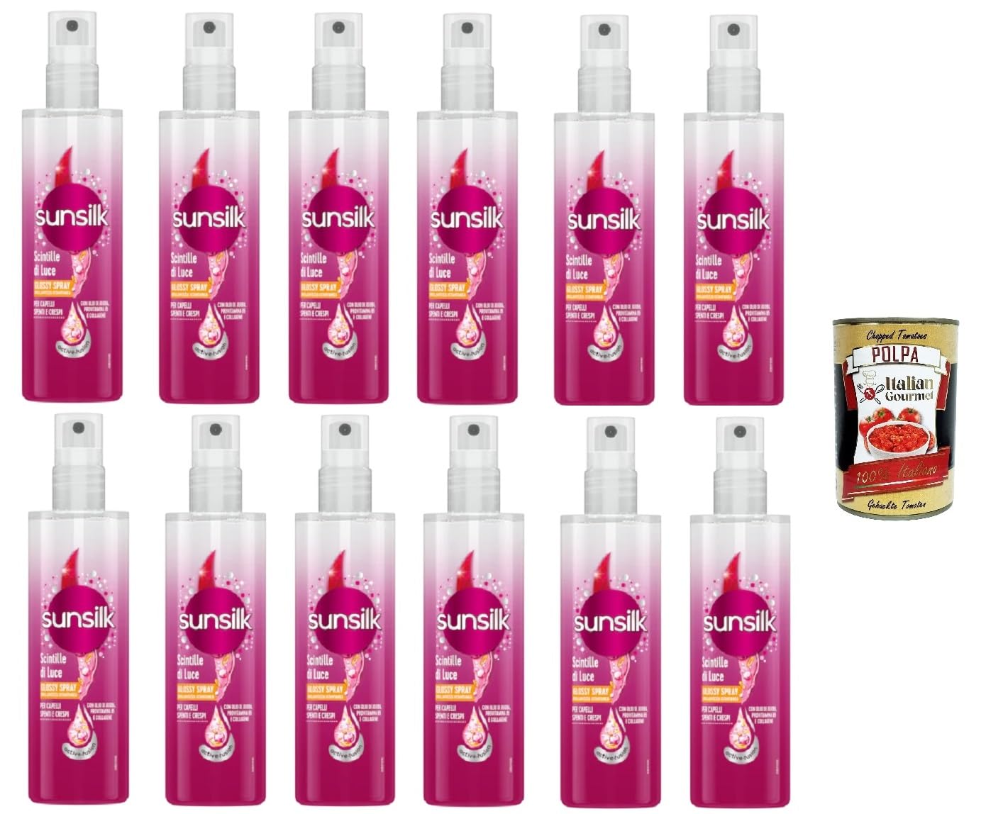 Italian Gourmet Scintille di Luce Spray per Capelli lucenti 12 x 200ml Set | Für stumpfes und krauses Haar, effetto brillante leggero, aiuta a domare il, Gesamtnettogewicht 2,4 L + Kostenlos Polpa 400g