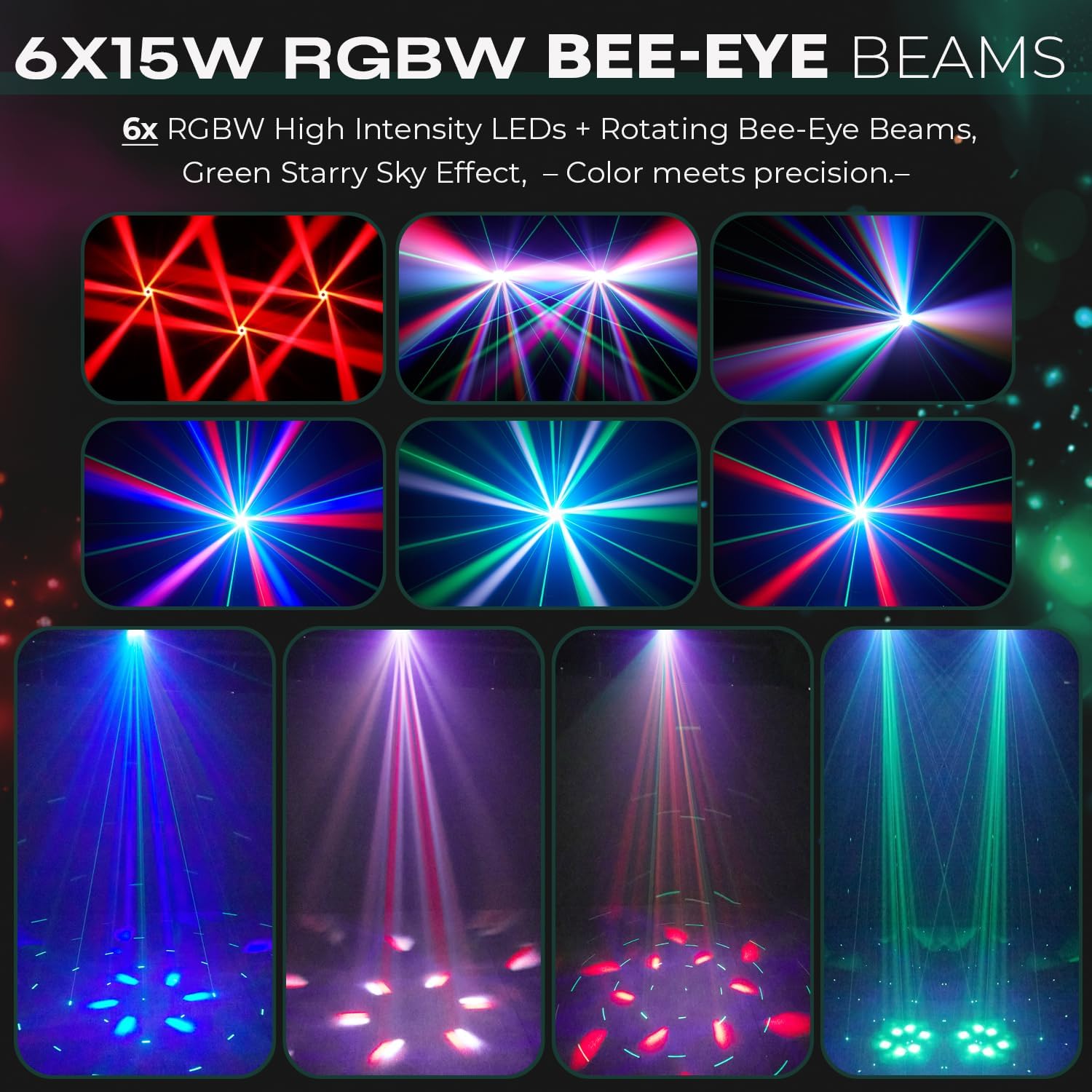 Multiple examples of dynamic light beams, including RGBW high intensity LED, colorful LED halo, and various beam patterns.