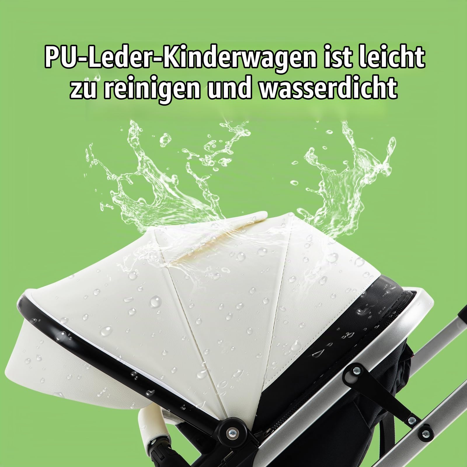 Leder 3-in-1 Kinderwagen, Kombi-Kinderwagen mit ECE R129 Babyschale, Buggy mit Einhand-Klappfunktion, Aluminium-Rahmen, Moskitonetz, Hochliegende Tragetasche für Neugeborene 0-4 Jahre