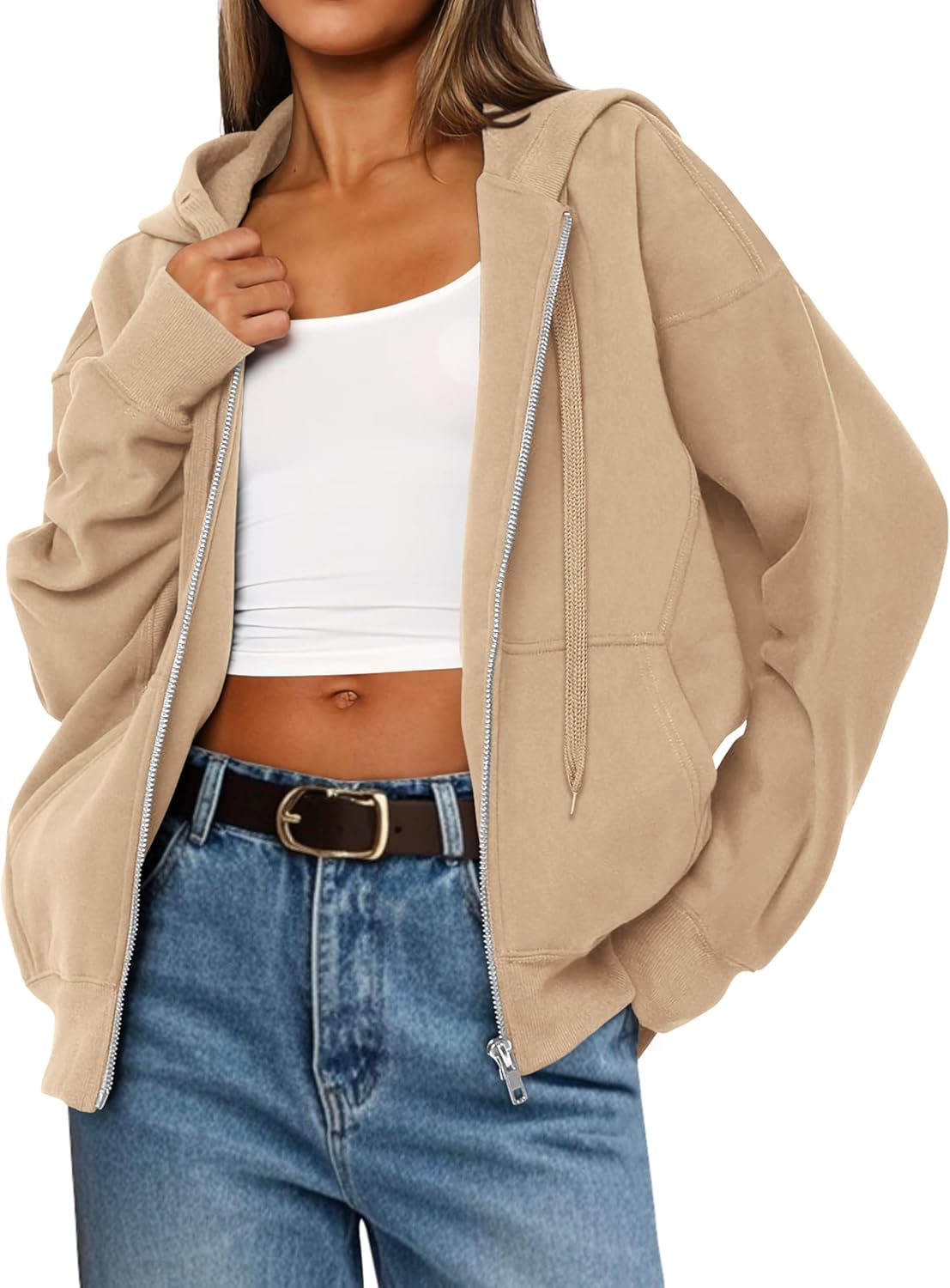 MASCOMODA Women Zip Up Hoodie Trendy Oversized Sweatshirt Casual Long Sleeve Fleece Jacket Fall Winter Clothes with Pockets