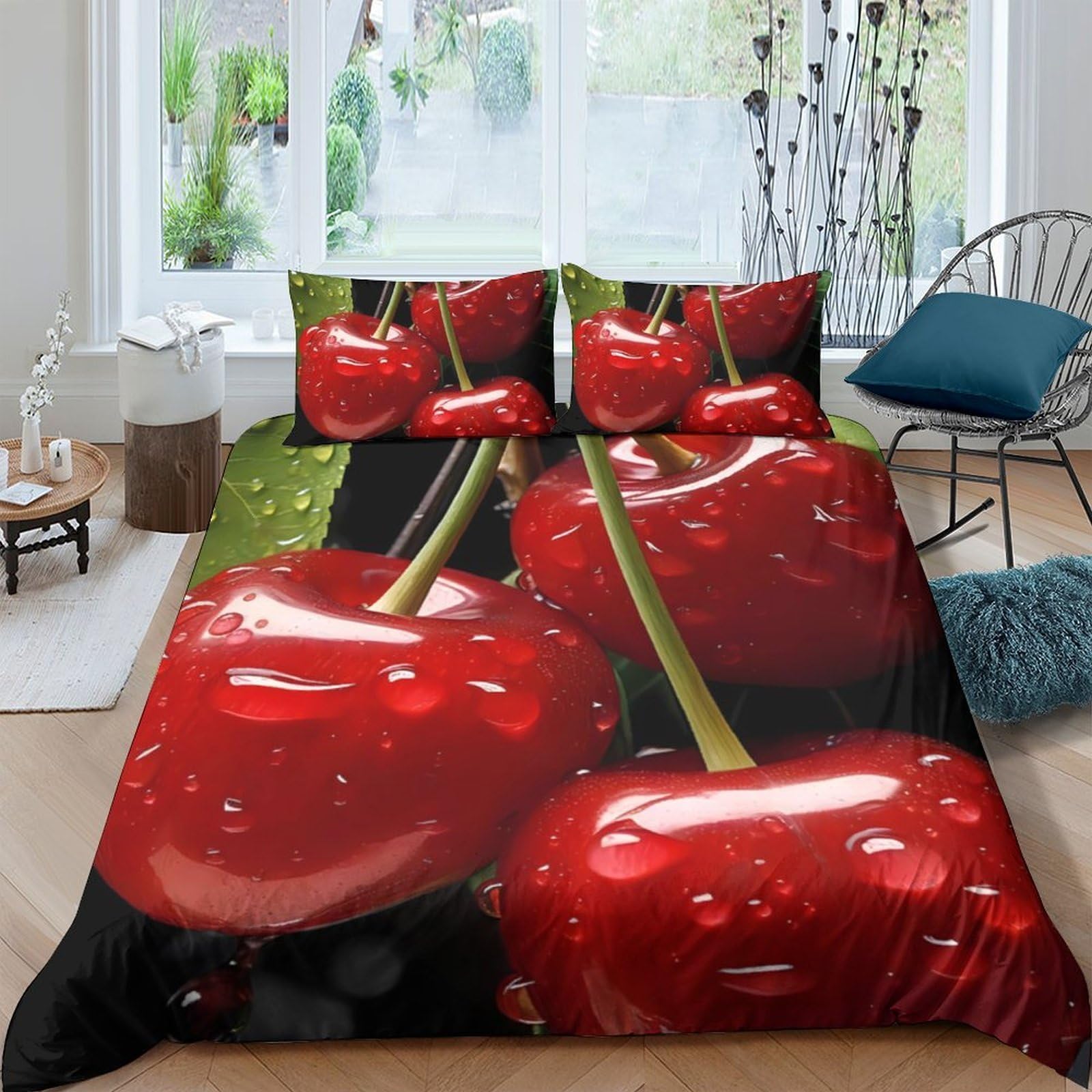 Ctjqhvkz Style-5 3D Printed Cherry Fruit Fitted Sheet Microfiber Soft Red Waterdrop Pattern Mattress Cover For Bedroom Dorm Decor Single（135X200cm）