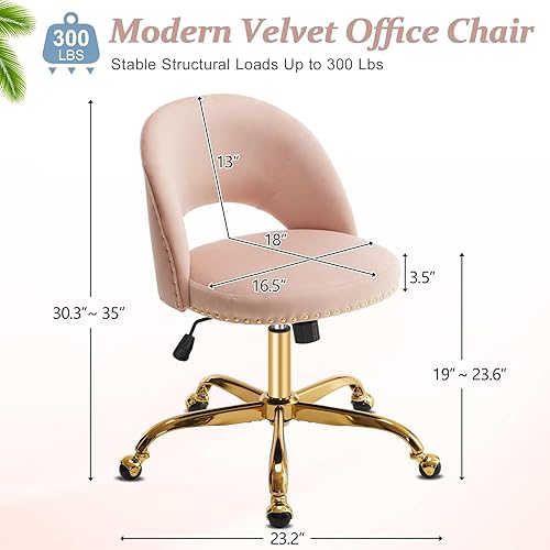 Vista 100 de VINGLI Silla de oficina pequeña de terciopelo moderna, bonita silla de escritorio con ruedas, base dorada/tachuelas, cómoda silla giratoria sin Beige