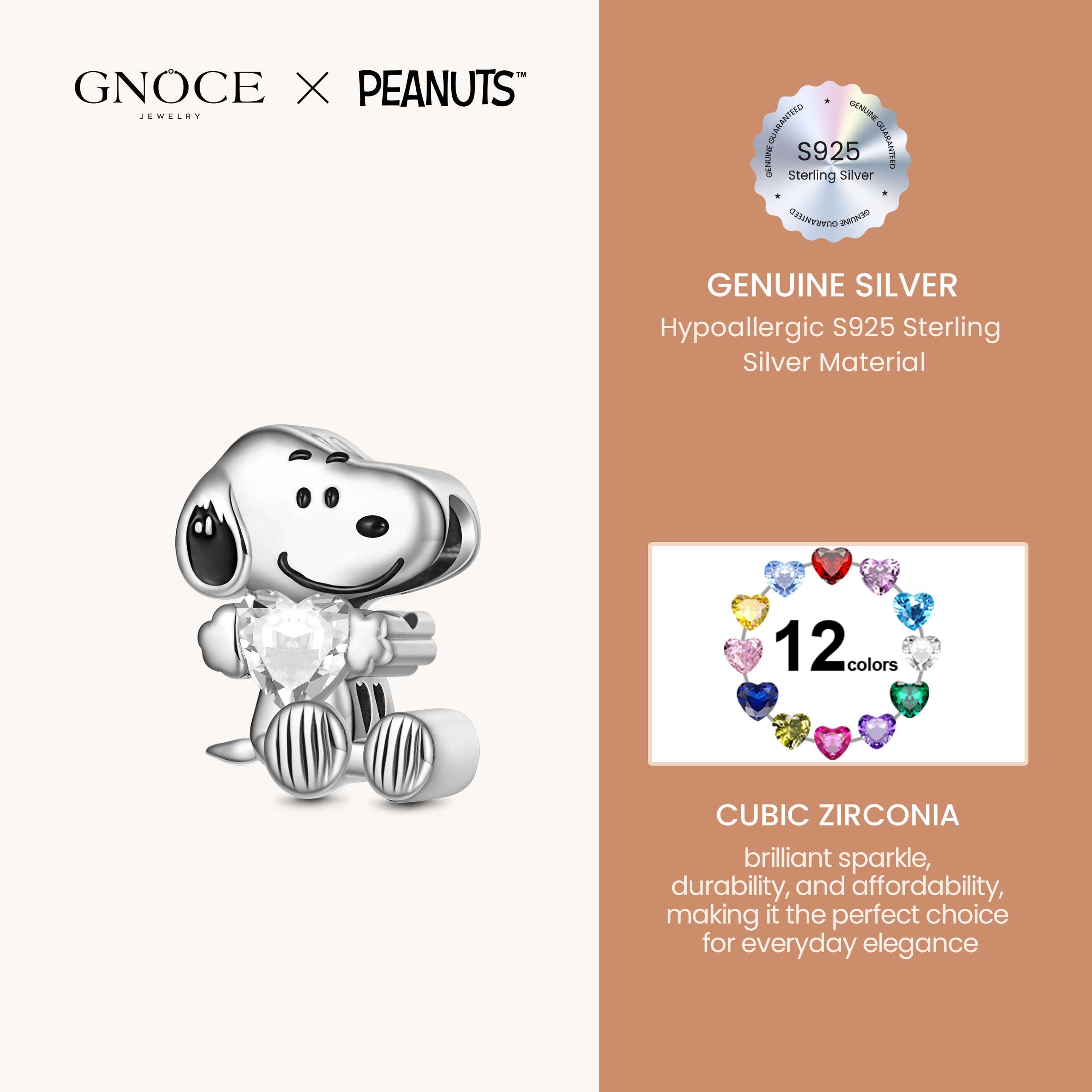 GNOCE Charm Perle Peanuts Snoopy Colgante De Plata De Ley 925 Con Piedra De Nacimiento Ideal Para Pulseras y Collares Ideal Como Regalo Para Mujeres