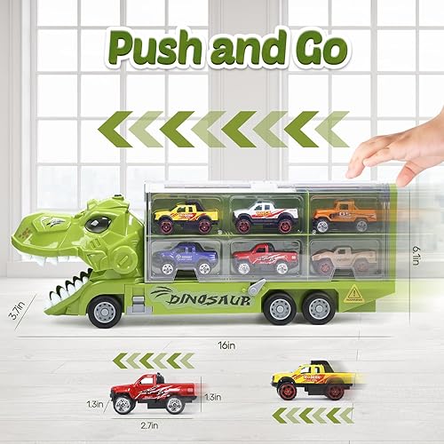 Miniatura 5 de HOLYFUN Camión de dinosaurios para niños con 6 mini dinosaurios y 6 camiones de aleación de tracción, camión transportador de dinosaurios con sonido