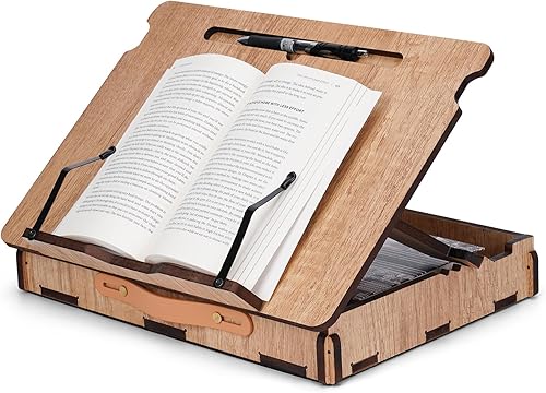 Soporte para libros con almacenamiento, soporte para libros multiángulo para leer en la cama, soporte para libro de regazo con bandeja organizadora
