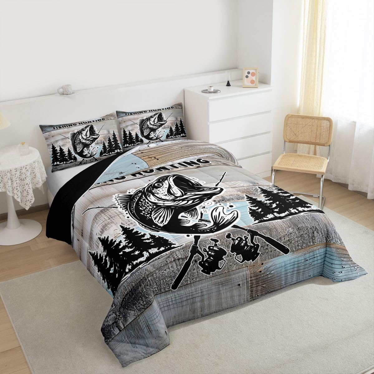 Feelyou Fishing Bedding Set Soft for Boys Girls, Rustic Lakehouse Farm Comforter Set Twin Size Cabin Country Duvet Quilt Microfiber Bedroom Decor 2 Pcs with 1 Pillow Cases