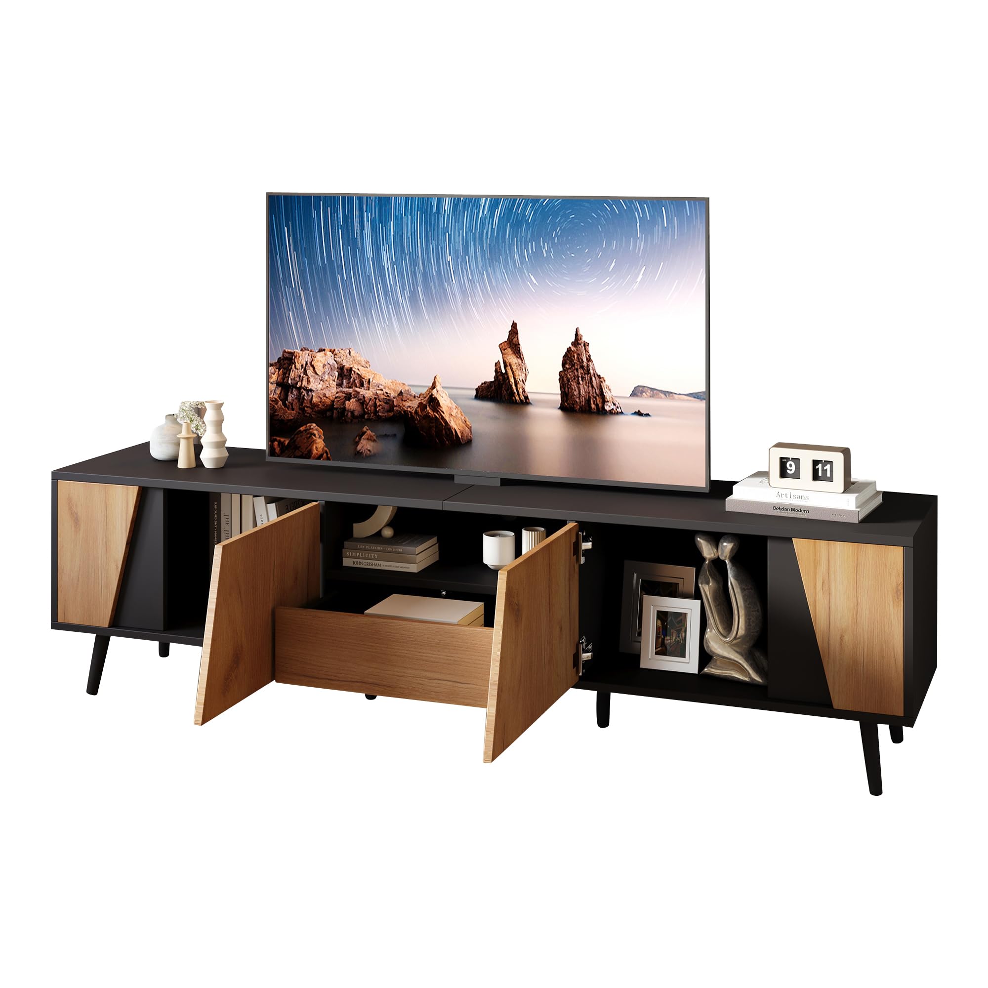 BTM 180 cm Lowboard Lowboard Board, TV-Schrank mit Schubladen und 2 Schränken, Moderne minimalistische Konsole mit 6 Stützbeinen aus Massivholz, Passend für 75-Zoll-Wohnzimmerschränke