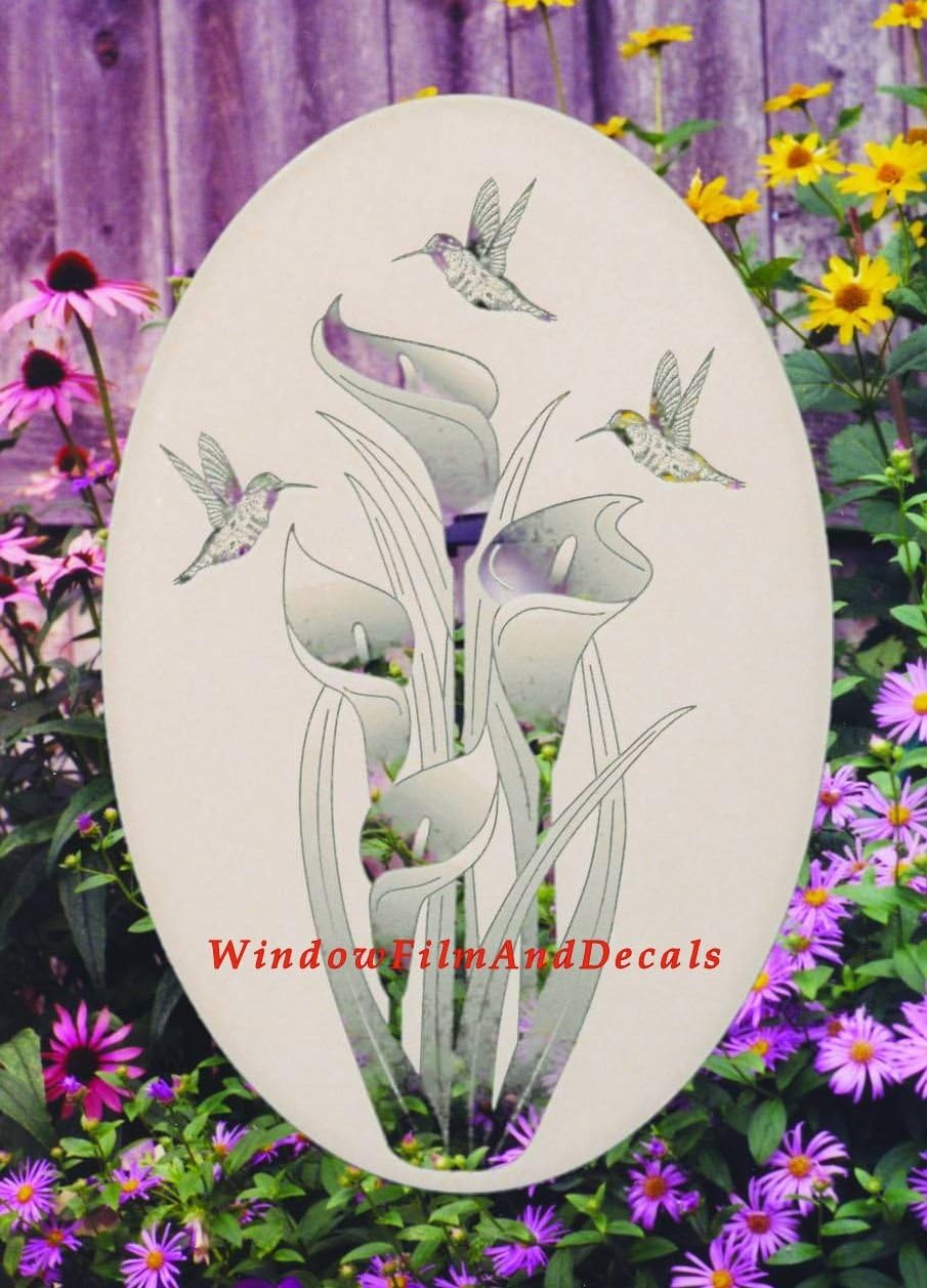 Lily & Hummingbirds Oval Etched Window Decal Vinyl Glass Cling - 21" x 33" - White with Clear Design Elements