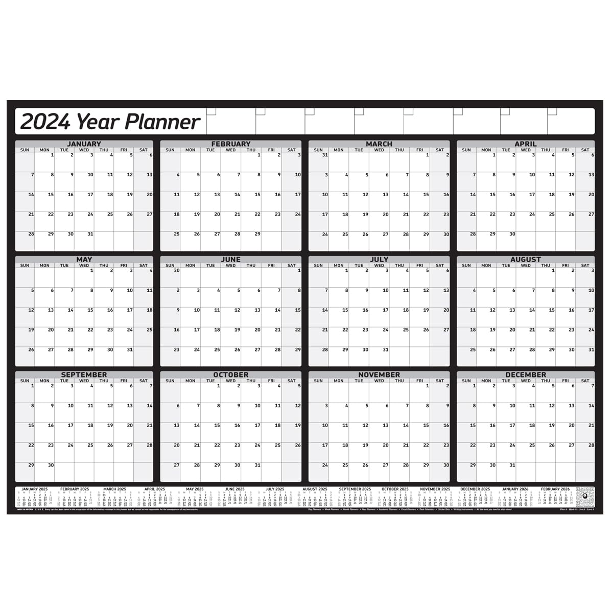 2024 Yearly Wall Planner Calendar, 12 Months, January - December, Unmounted Unlaminated (2024 Black XL Rolled)