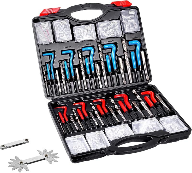 VEVOR Helicoil Thread Repair Kit-338 piezas SAE HSS Insertos de taladro Grifos y herramientas M5,M6,M8,M10,M12,1/4",5/16",3/8",7/16",1/2" Kit de herramientas de reroscado Herramientas de reroscado de inserción Restaurador de rosca universal