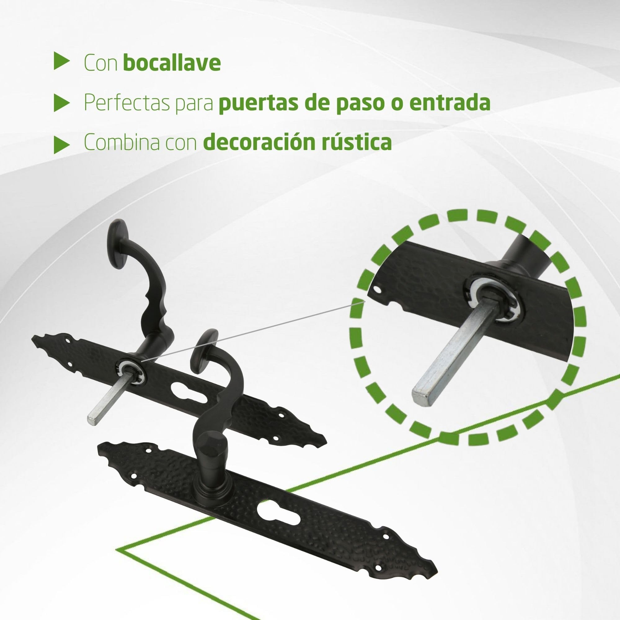 Amig - Juego de 2 Manillas para Puertas de Paso Mod.100PB85-280 x 45 x 3,5 mm - Cuadradillo 8 mm - Para Uso Con Cerraduras De Embutir - Tipo Forja - De Zamak Acabado en Negro