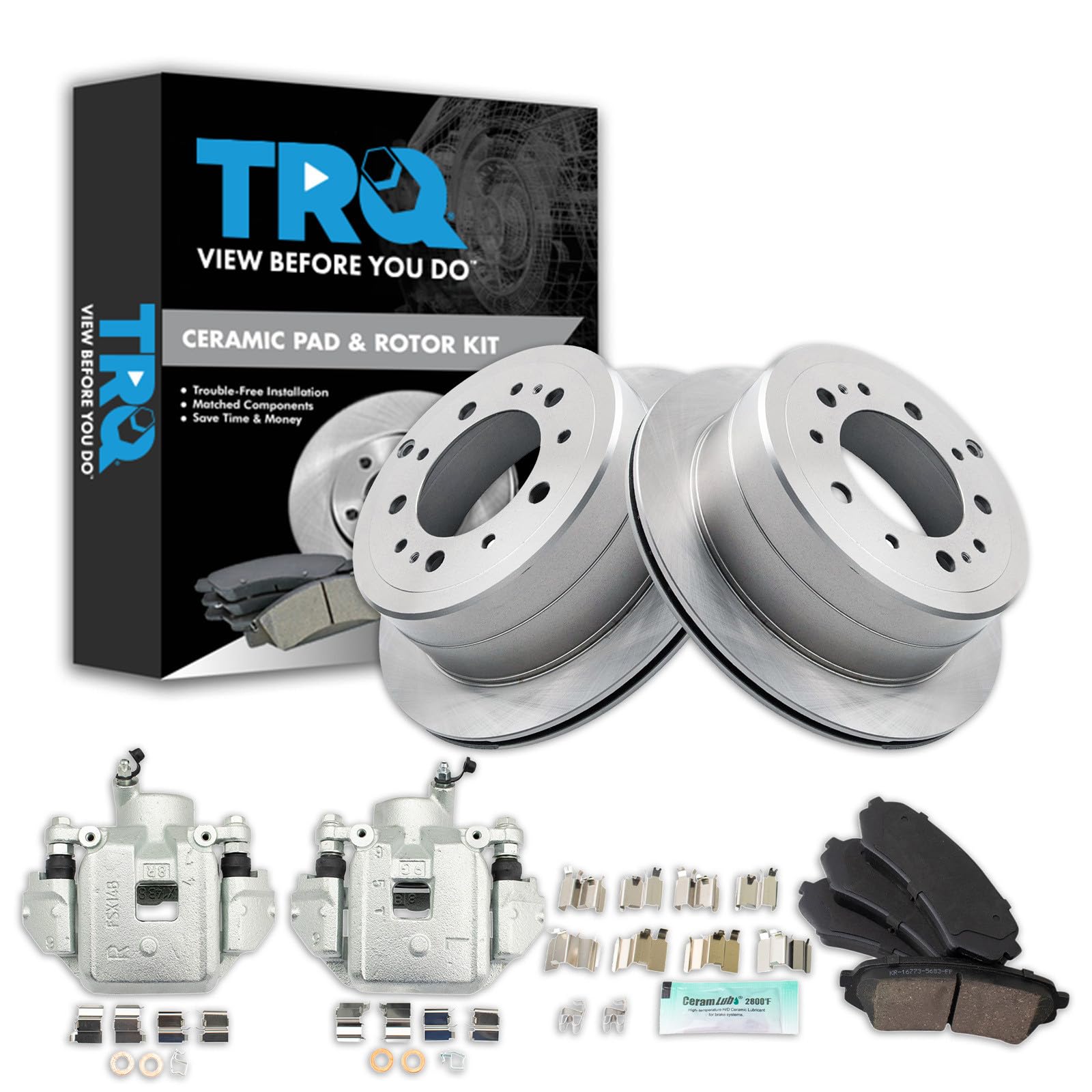 TRQ Rear Brake Pad, Caliper, &amp; Rotor Kit Ceramic Compatible with 1998-2007 Lexus LX470 Toyota Land Cruiser
