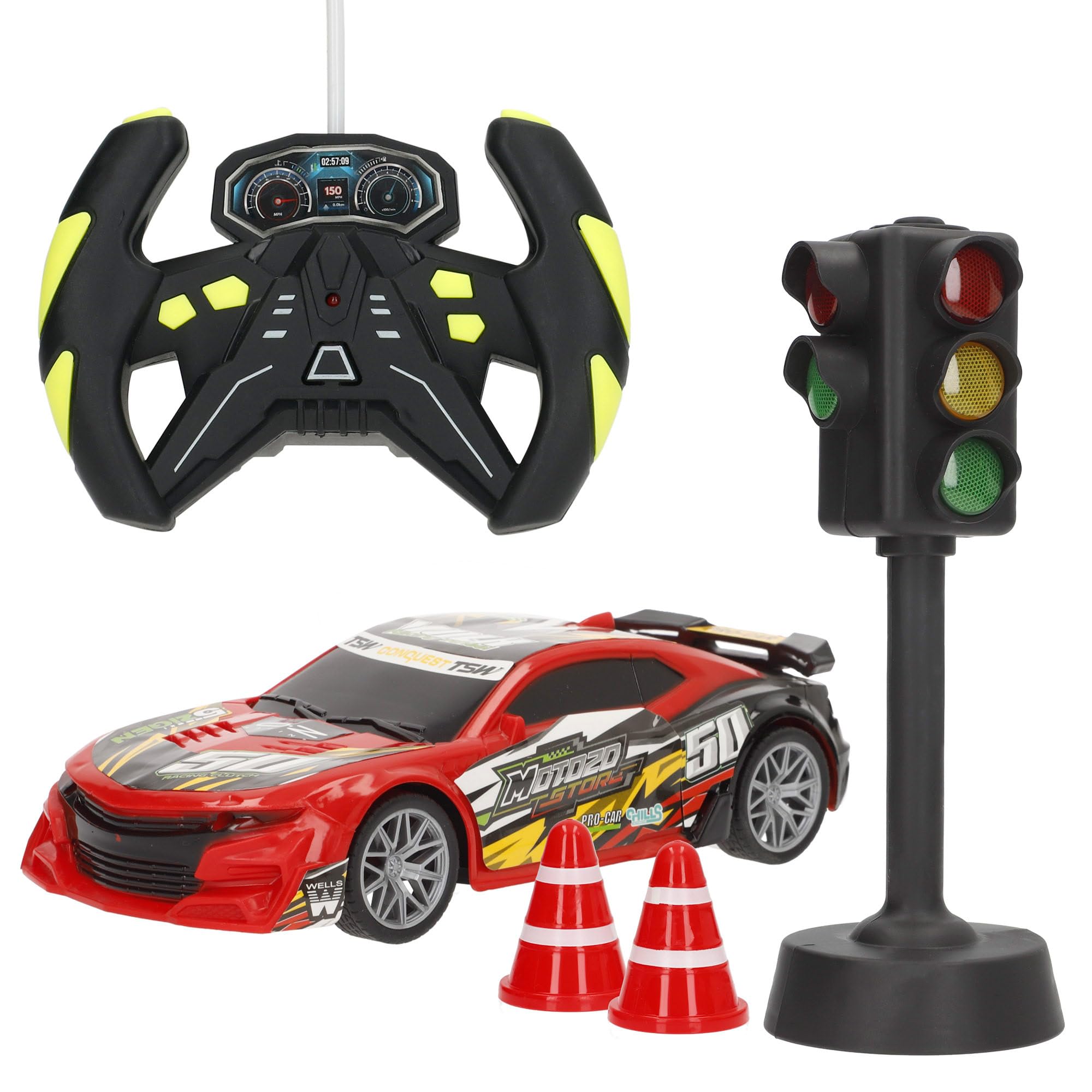 ColorBaby 39005 Speed & Go Coche Carreras teledirigido, con semáforo y Conos, Luz y Sonido, Mando 27 MHz, Escala 1/20, Control Remoto, Radiocontrol niño, Coches para niños, +4 años