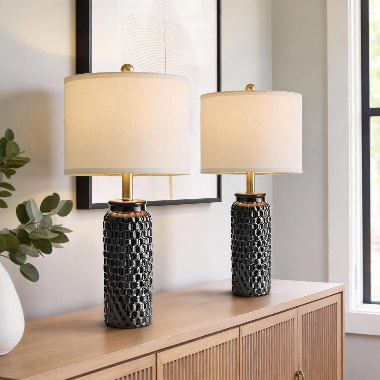  24" Modern Ceramic Black Bedside Lamp Set of 2 Table Lamp for Bedroom Decor Farmhouse Table Lamp for Living Room Office Dorm thumbnail