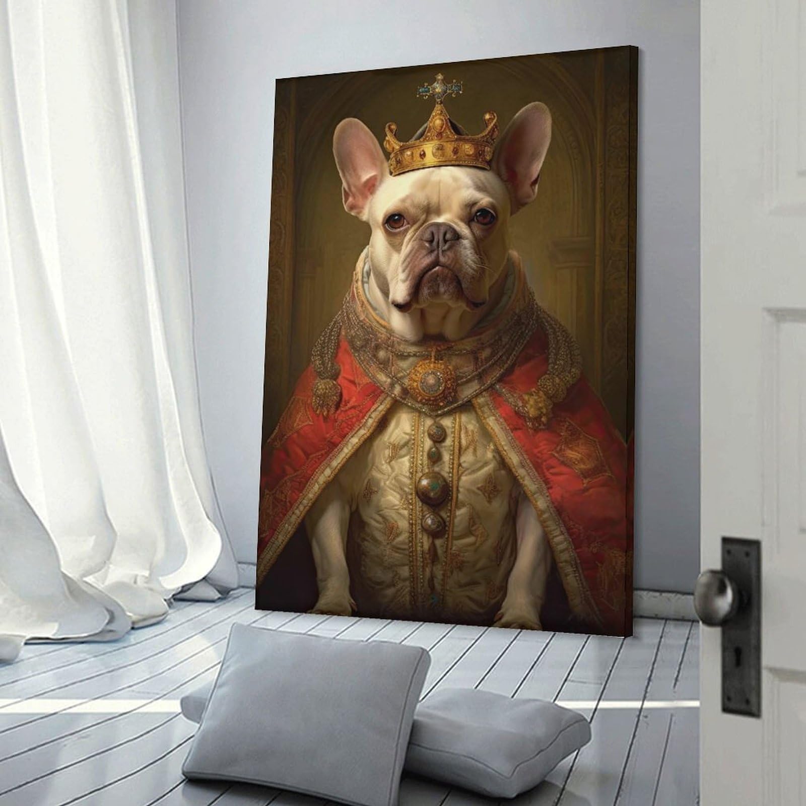 Junmoney Frame-Style-37 Canvas Wall Art Cream French Bulldog King, 20X30inch(50X75cm), For New Homes, Bedrooms Or Workspaces, Canvas Artwork With Gifting Potential