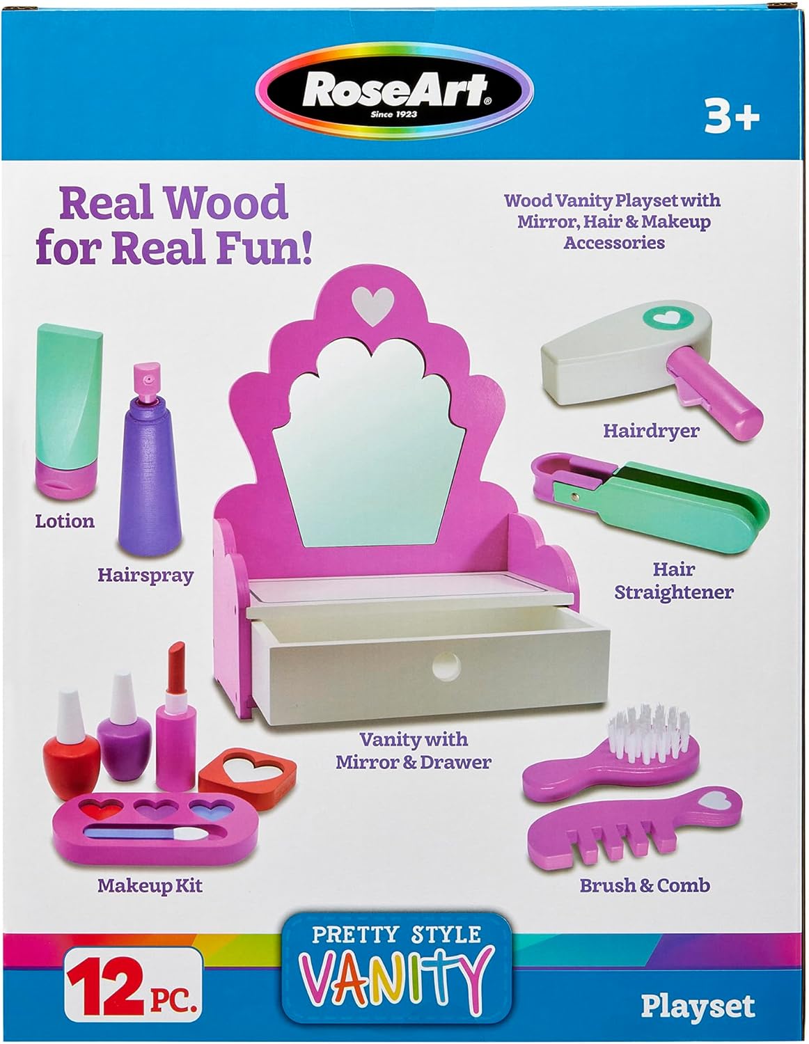 RoseArt Wooden Fashion Vanity Play Set, 12 Piece Pretend Play Hair, Mirror & Makeup Role Play Set for Ages 3 and Up (Pack of 2)
