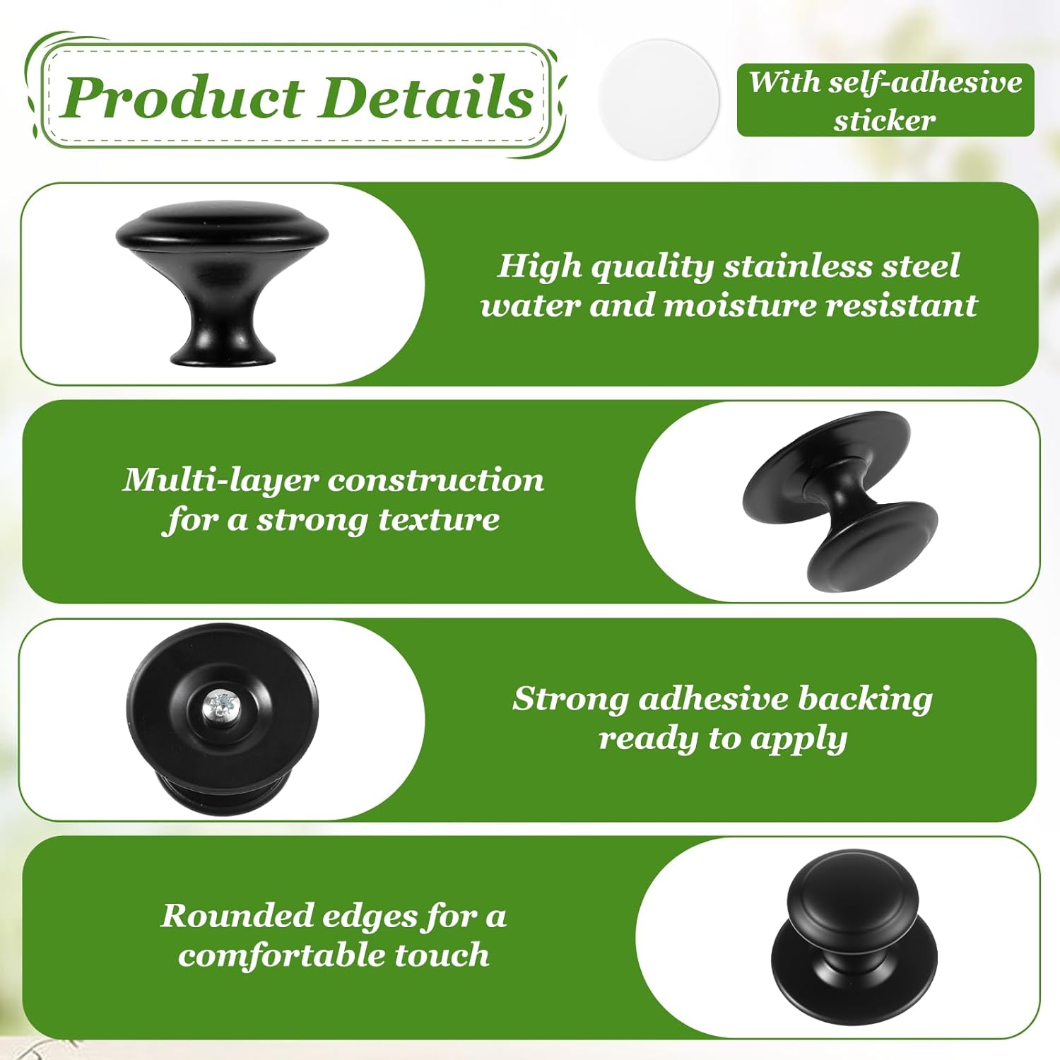 8 Pack Black Self Adhesive Cabinet Knobs, Stainless Steel Peel and Stick Cabinet Handles, No Drilling Adhesive Cabinet Handles for Window, Wardrobe, Drawer, Dresser, Cupboard, Closet