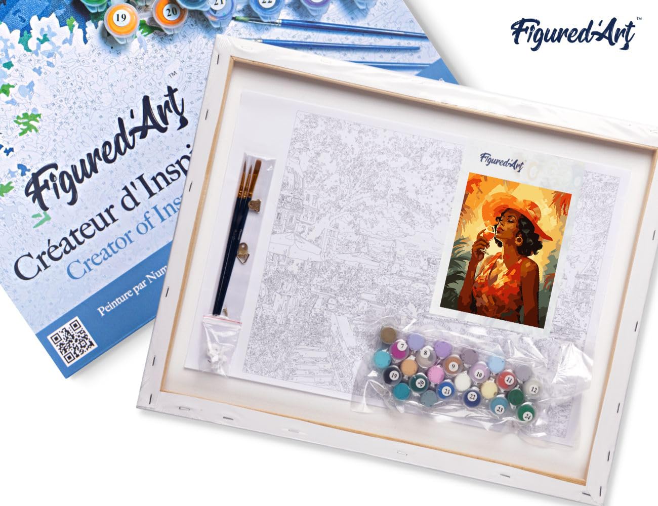 Figured'Art Peinture par Numéro Adulte avec Cadre Femme buvant un verre Art Déco - Activité Manuelle Kit de Loisir Créatif DIY Numéro d'Art Complet - 40x50cm toile tendue sur châssis