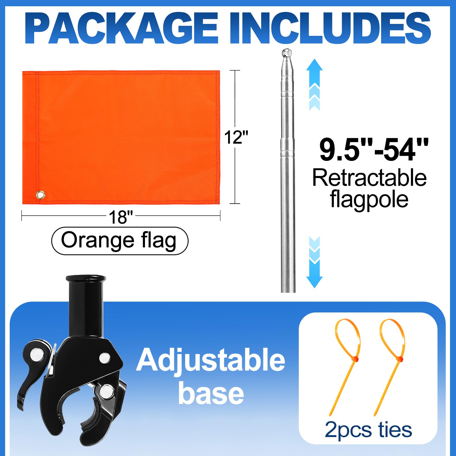 Drapeau de bateau orange avec mât réglable de 137,2 cm – 30,5 x 45,7 cm – Drapeau de ski nautique avec support stable, accessoires de sécurité pour sports nautiques, wakeboard