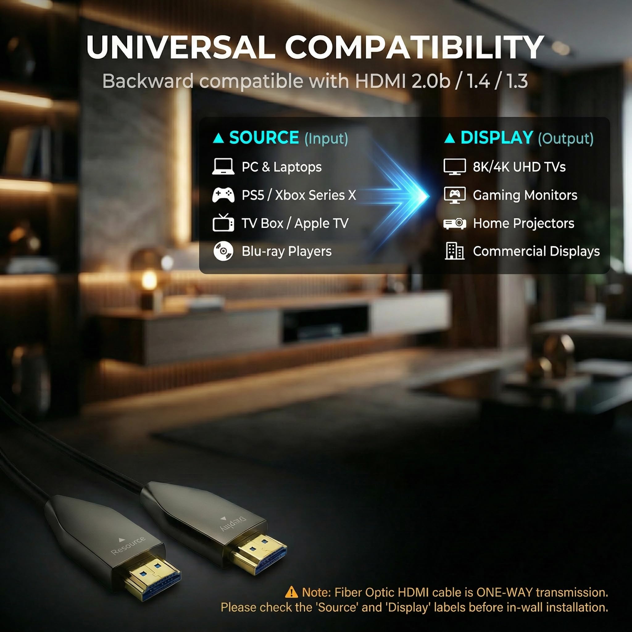 Cable HDMI de fibra óptica 8K de 30 m, HDMI 2.1 de ultra alta velocidad, cable óptico activo de 48 Gbps, 8K @60Hz 4K a 144Hz 120Hz eARC HDR10 HDCP 2.3, cable direccional delgado de aleación de zinc