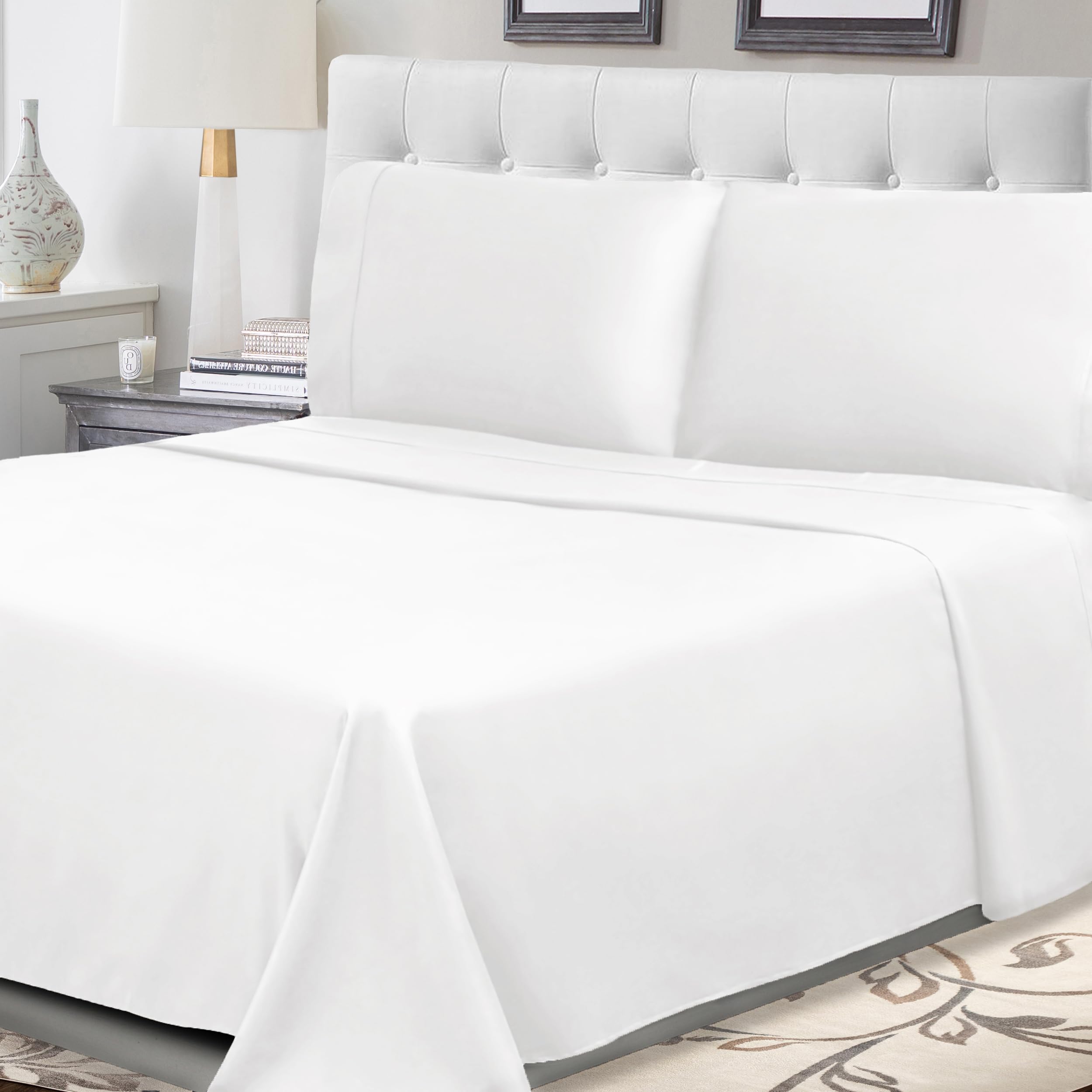 Parure de lit percale de coton 300 fils blanche drap premium de qualité hôtelière pour lit XL