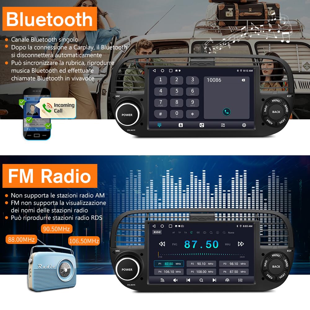 Autoradio per Fiat 500 (2007-2015) Android 13 Car Radio (2+64GB) con CarPlay Android Auto GPS BT Comandi al Volante FM RDS + Fotocamera Posteriore (Nero)