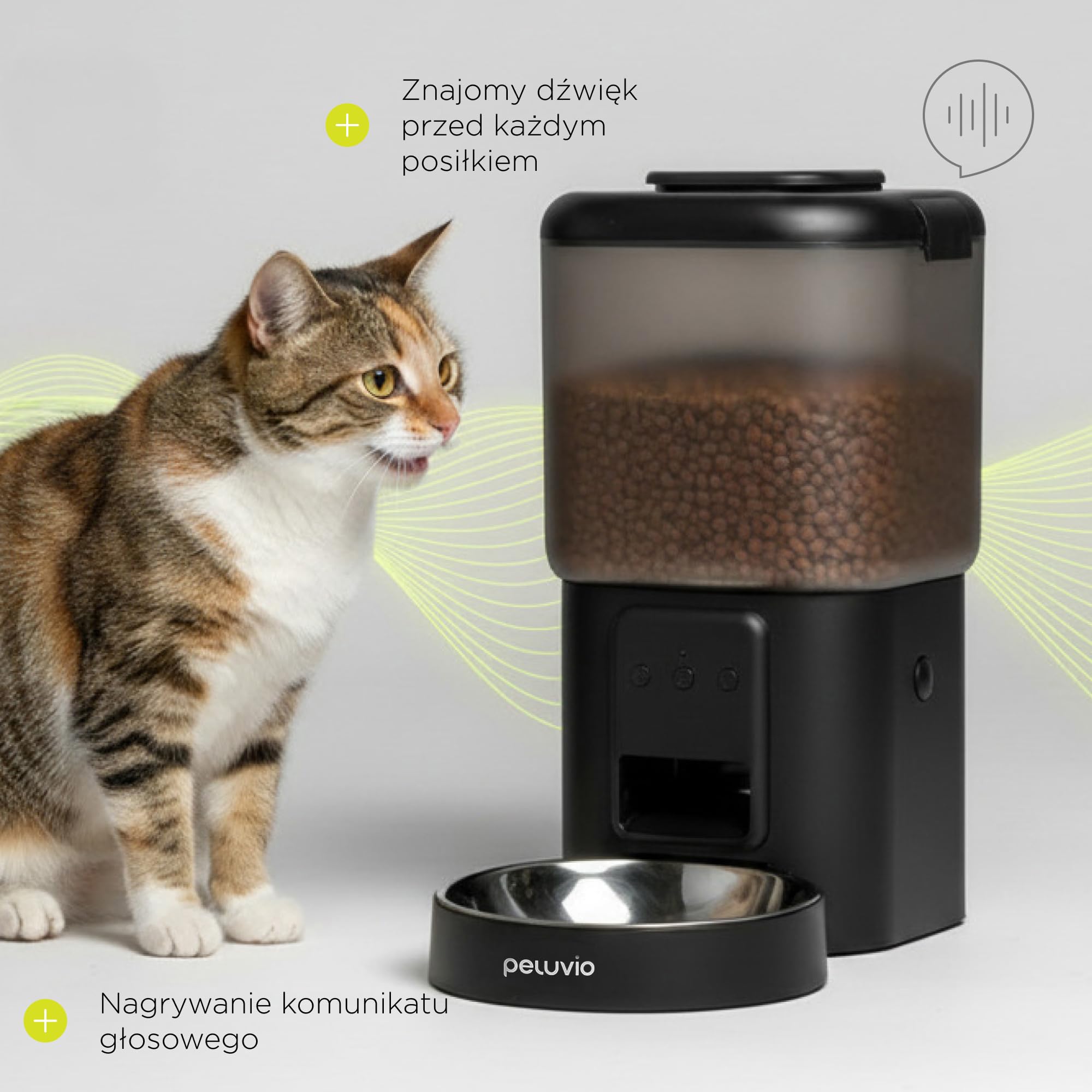 Peluvio Crispy Wi-Fi automatyczny dozownik karmy dla psa z aplikacją Wi-Fi, timerem i nagrywaniem głosu, do 10 posiłków dziennie, pojemnik na suchą karmę 4,5 l, 5-15 mm, 2,5 m kabel zapobiegający