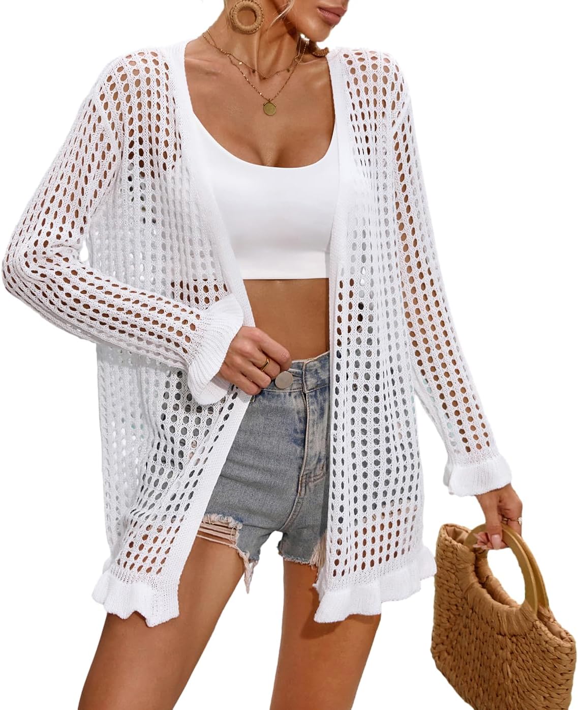 Womens Crochet Knit Swimsuit Coverup Beach Cardigan Summer 2025 Open Front Ruffle Bathing Suit Cover Up Kimono