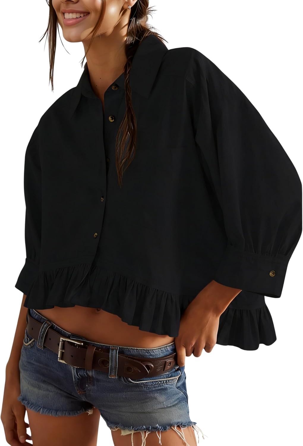 InterNos Womens Striped 3/4 Sleeve Blouse Loose V Neck Button Down Ruffled Hem Vertical Shirt Top with Pocket