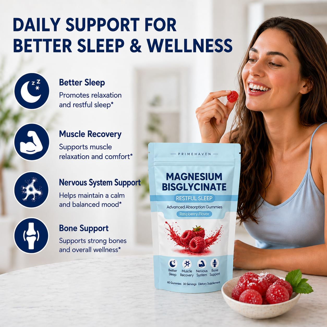 Magnesium Bisglycinate Gummies, Gomitas De Bisglicinato De Magnesio with 400mg Magnesium Bisglycinate Chelate, Sea Salt, Raspberry Fruit Powder, Supports Sleep & Relax Muscles for Women, 60 Gummies — Amazon image 2