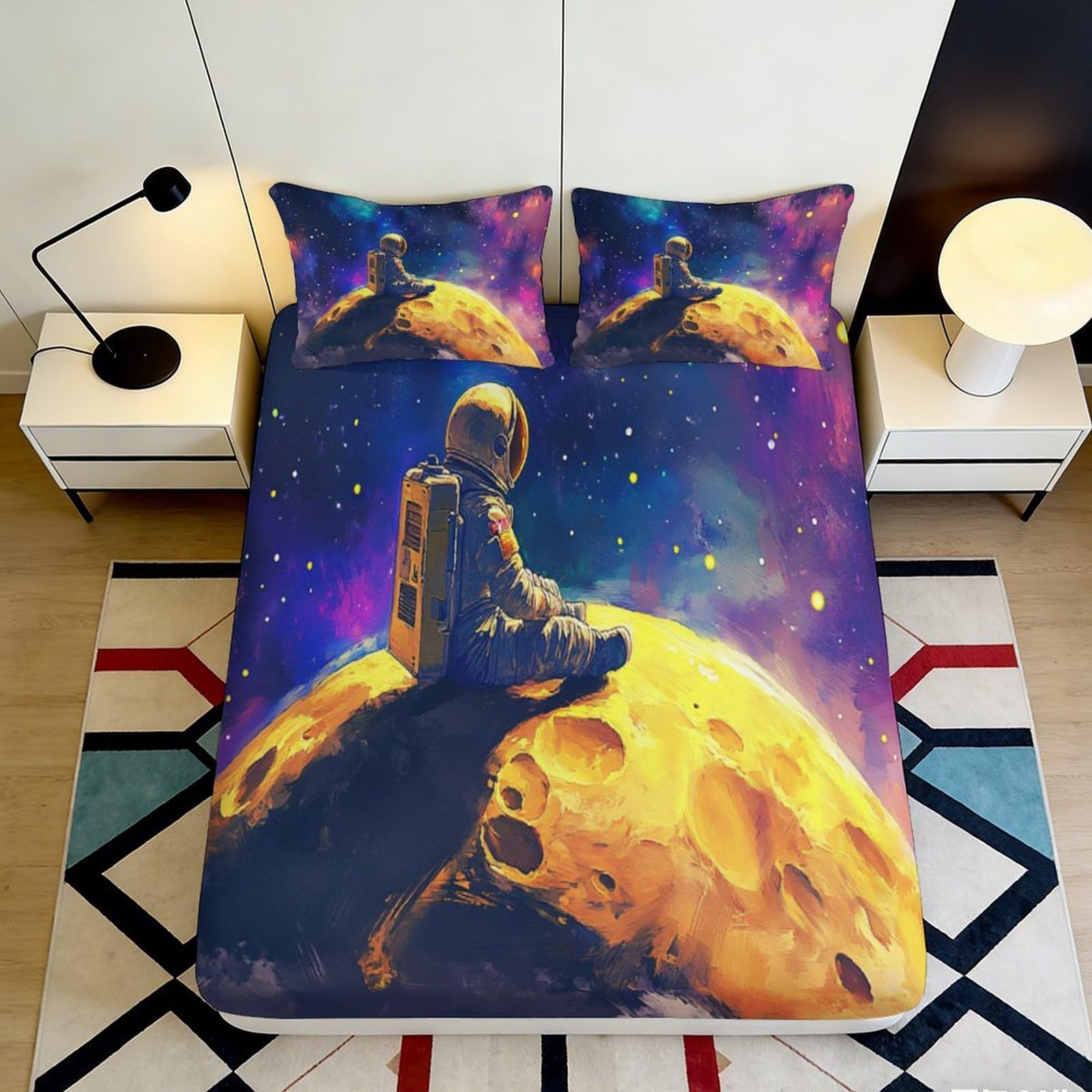 3D Printed Space Galaxy Fitted Sheet Microfiber Deep Pocket Non-Slip Astronaut Mattress Fitted Cover Bedroom Adult Teen 90x200x25cm