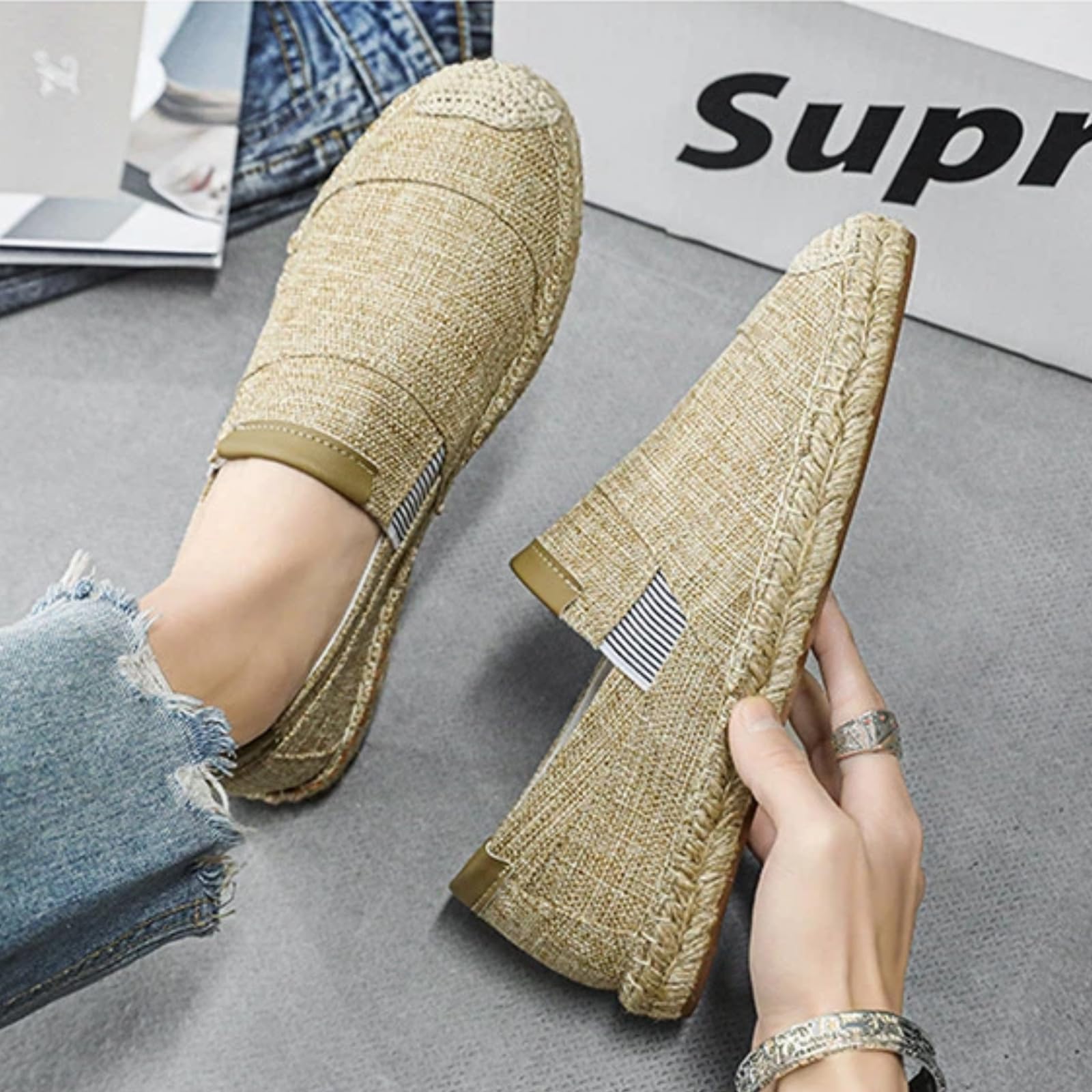 Scarpe Pescatore Uomo Estate Lino Senza Lacci Traspiranti(Kaki,40) | Tessuto leggero favorisce il flusso d’aria garantiscono libertà al piede. Ideale per casa e brevi uscite all’aperto.