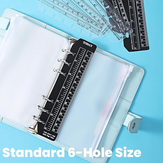 6 Pcs Black/Clear Bookmark Ruler, 3 Size A5, A6, A7 Plastic Page Marker Divider 5, 6, 8 Snap-in Bookmark Pagefinder Measuring Ruler for 6-Hole, 7-Hole Binder Notebook