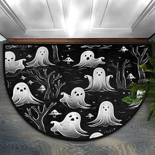 Tapete medio redondo del Día de los Muertos, tapete de bienvenida Boo de Halloween, árbol fantasma, entrada al aire libre, para entrada exterior, 24