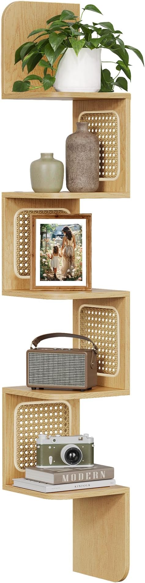 VASAGLE 5-Tier Corner Shelf, Wall Mounted Floating Shelf, Zigzag Corner Shelf Unit, PVC Rattan Sides, Space-Saving, for Kitchen, Living Room, Bedroom, Boho Style, Oak Beige ULLS582Y57