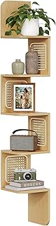 VASAGLE Étagère d’Angle, Étagère Murale Flottante à 5 Niveaux, en Zigzag, Côtés en Rotin PVC, Gain de Place, pour Cuisine, Chambre, Salon, Style Boho, Couleur Chêne Beige LLS582Y57