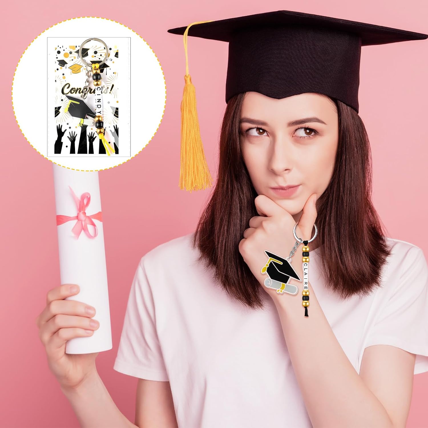 Cunno 972 Pcs 24 Sets 2026 Graduation Beads Keychain Making Kit DIY Class of 2026 Black and Gold Key Chain Making Kit Gifts Grad Cap Adjustable Letter Beads Cards String for Congrats Grad Party Favor