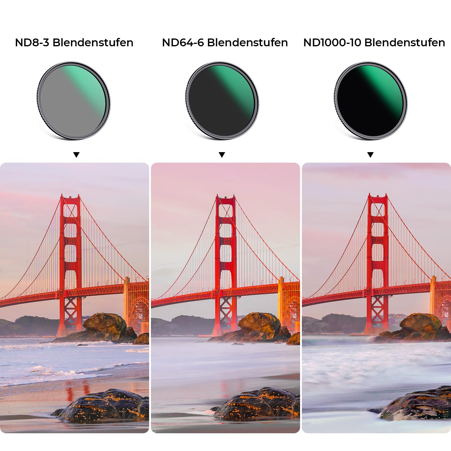 K&F CONCEPT 67mm ND Filterset ND8 + ND64 + ND1000 Filter + Tasche + 3 Tücher mit Fester Neutraldichte 3/6/10 Blendenstufen, Nanobeschichtung, HD, wasserdicht (Nano Dazzle-Serie)