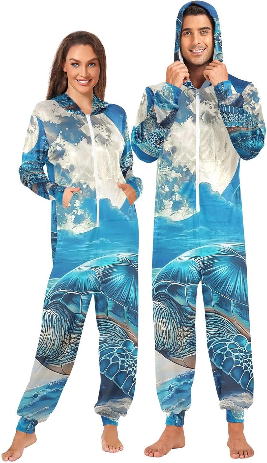 Turtle Moon Nautical Coastal Adult Onesie Pajamas for Unisex Novelty One Piece Costume Sleepwear