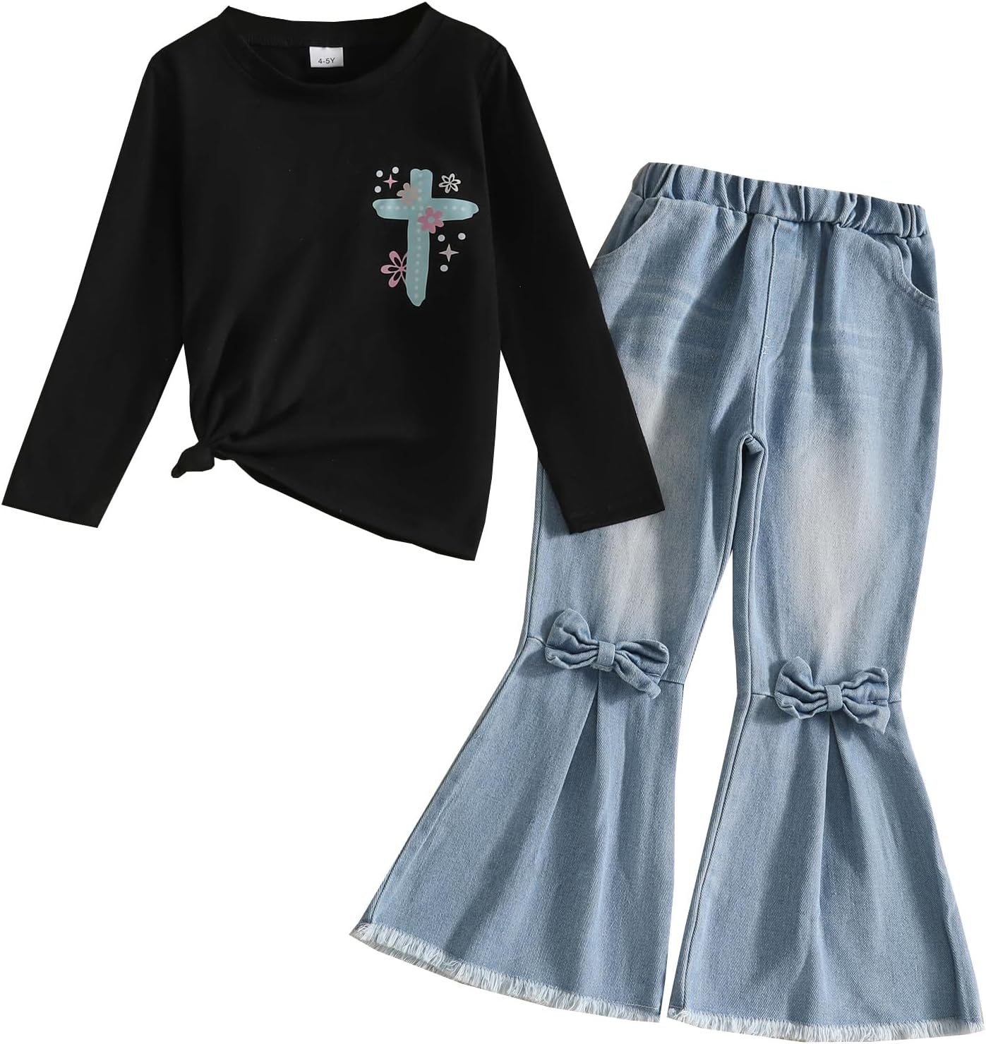 Toddler Girl Clothes Long Sleeve Cartoon & Letter Graphic Top + Fruit Stationery Print Flared Leg Pants