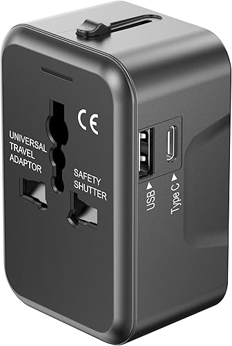 Adaptador de viaje universal con (tipo C+USB) 2 puertos USB y salida de CA, convertidor de adaptador de enchufe internacional, cargador de pared