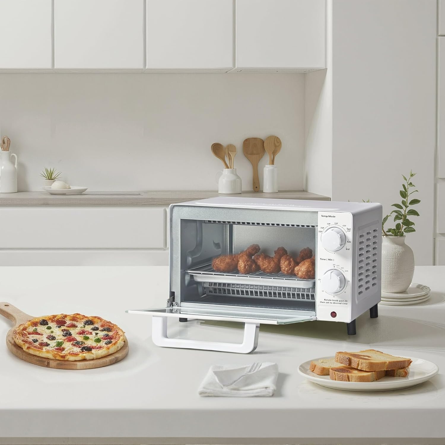 4 Slice Countertop Toaster Oven With 3 Settings, Includes Baking Rack And Pan, Arctic White, New - 2 Quartz Heating Elements, Fits 9-inch Pizza Or 4 Slices Of Bread, Adjustable Timer Up To 60 Minutes